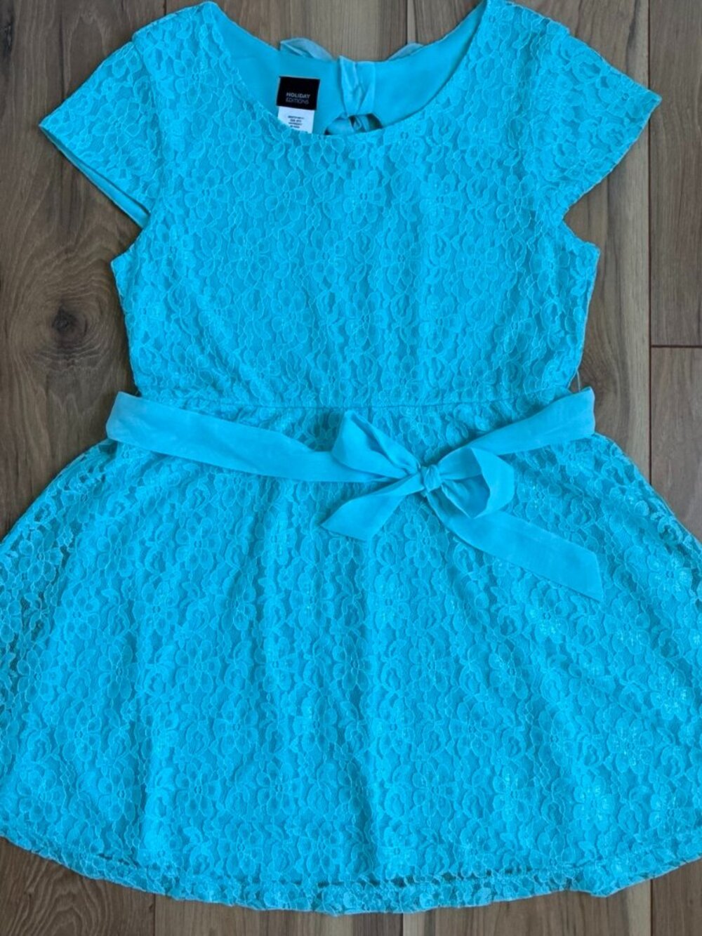 Holiday Editions Girls Turquoise Lace Fit & Flare Dress Bow Coquette XL 14/16